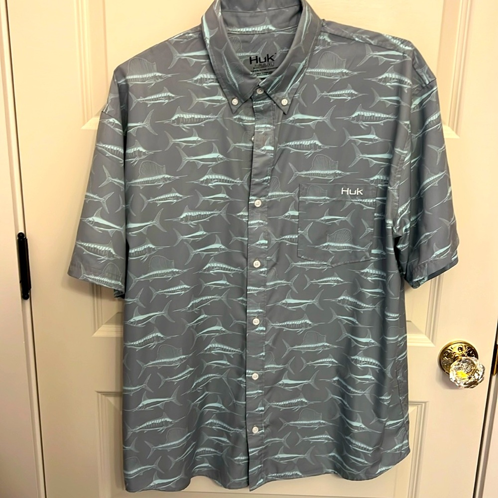 Huk- Fish button down shirt- with spf- like new!